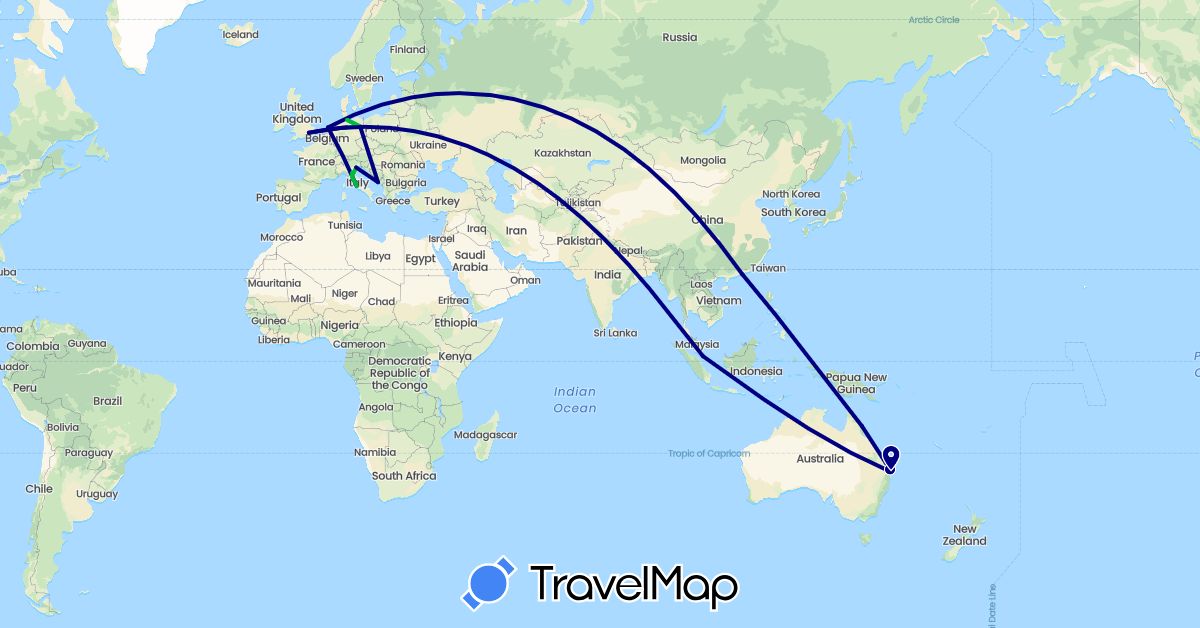 TravelMap itinerary: driving, bus in Australia, China, Germany, United Kingdom, Croatia, Italy, Netherlands, Singapore (Asia, Europe, Oceania)